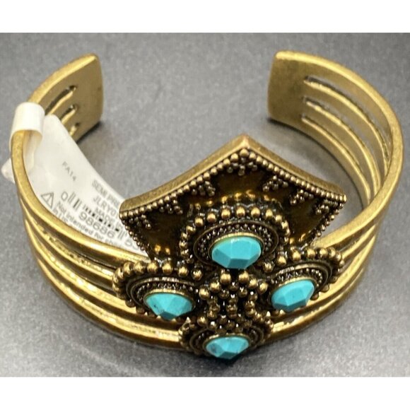 Signed Lucky Brand Bracelet Turquoise Elements Large Cuff Gold Tone NWT Western - Picture 4 of 12